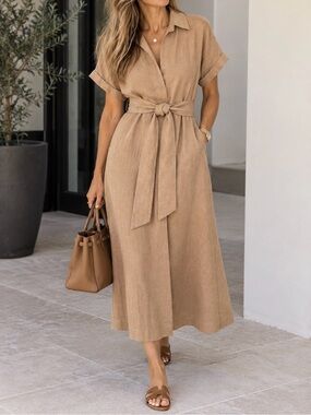 Rosso35 Italian Linen Belted Midi Shirt Dress NWT